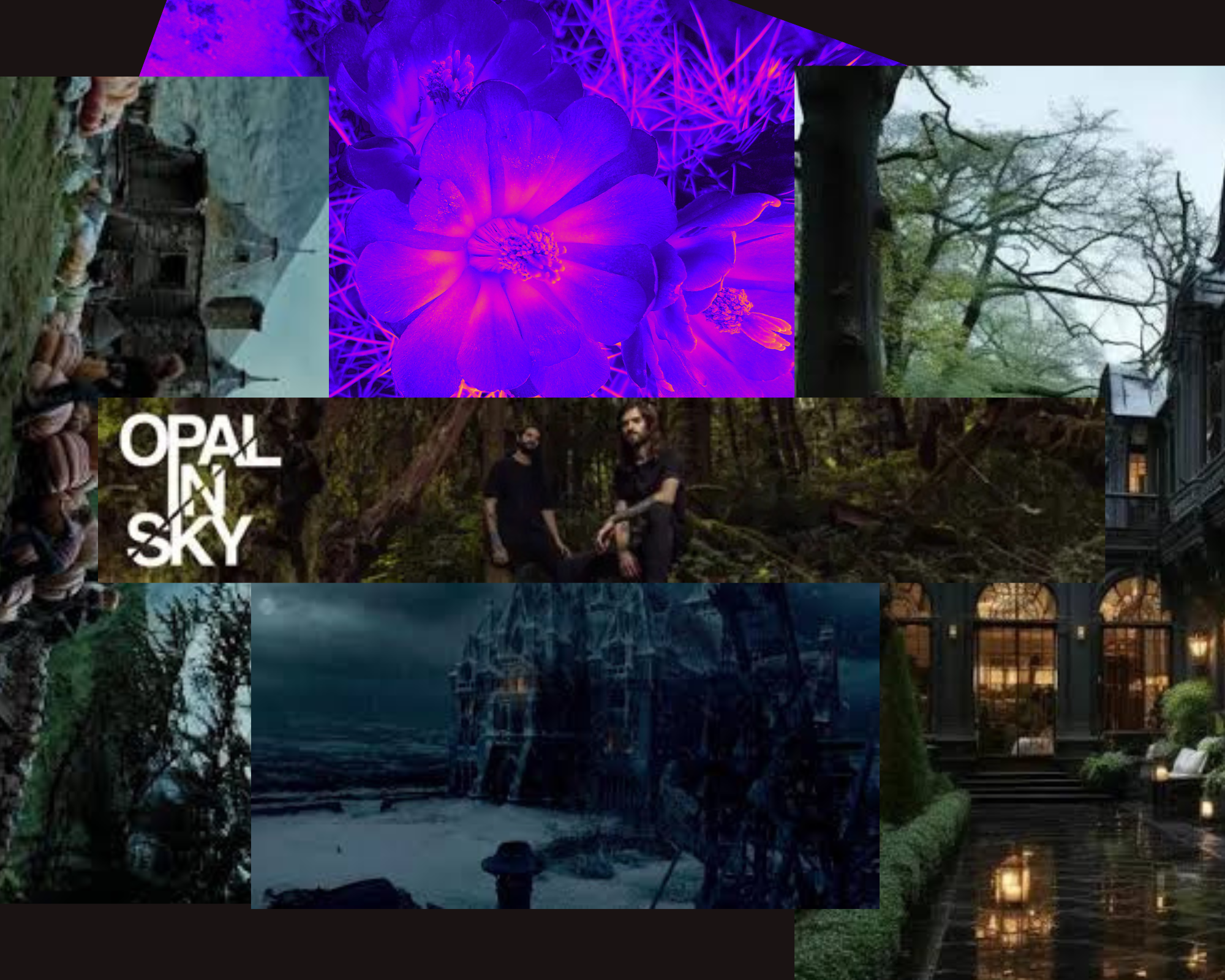 collage of dark green images of opal in sky twins