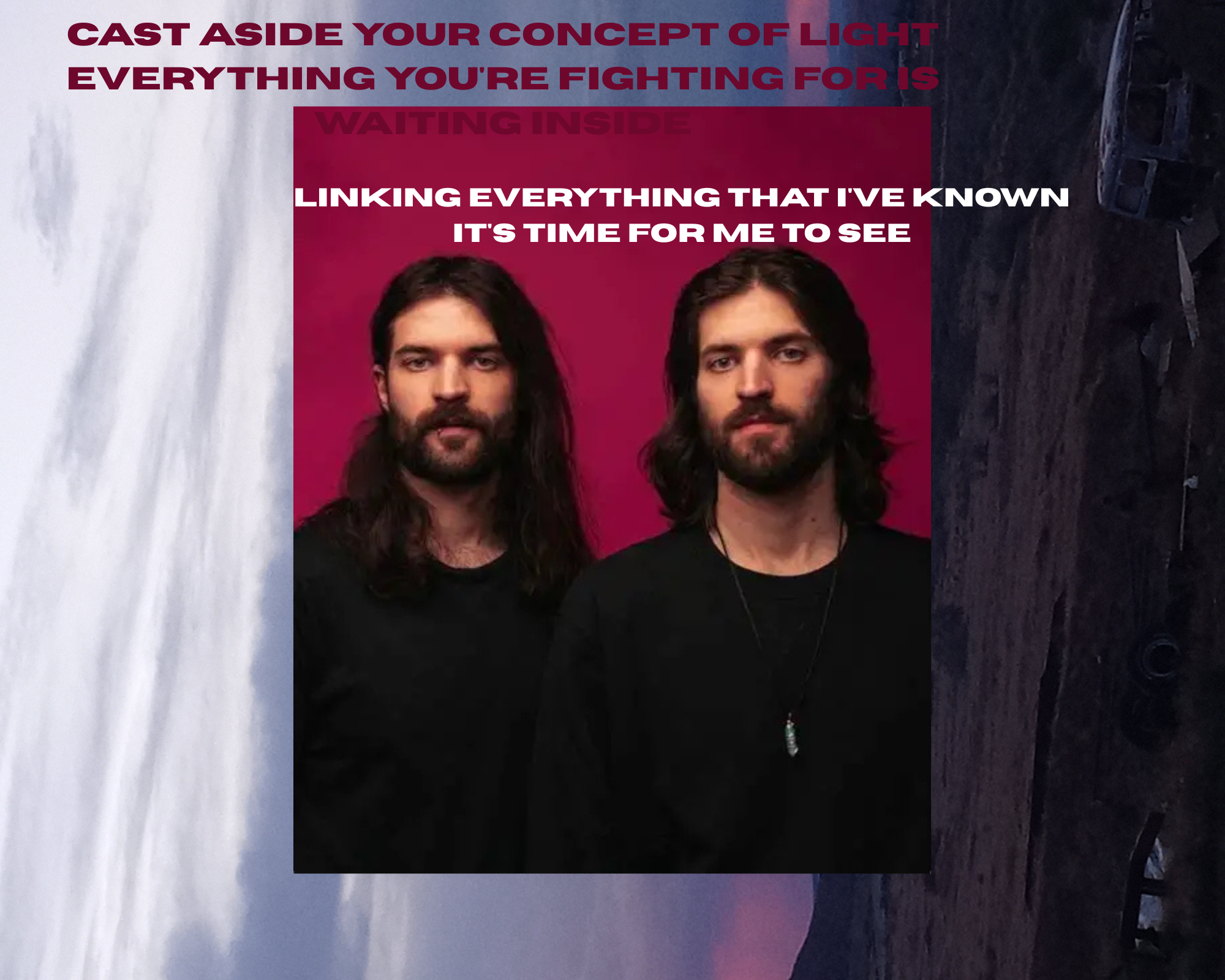 the twins on a sun set background with white lyrics